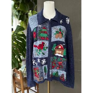 Vintage Y2K Unisex Large Full Zip Blue Patchwork Ugly Christmas Sweater Cardigan